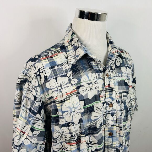 Orvis XL Hawaiian Shirt Patchwork Plaid Floral Print Blue White Short Sleeve - Picture 1 of 4